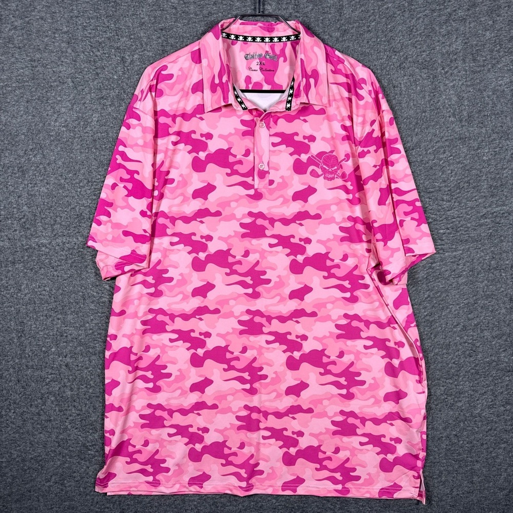 Tattoo Golf Polo Shirt Mens 2XL Pink Camo Skull Crossbones Performance Stretch - Picture 2 of 9